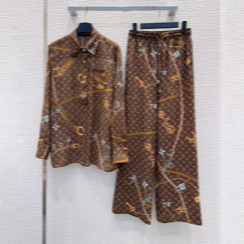 Women's summer new printed long sleeved loose shirt paired with wide leg pants two piece home suit set