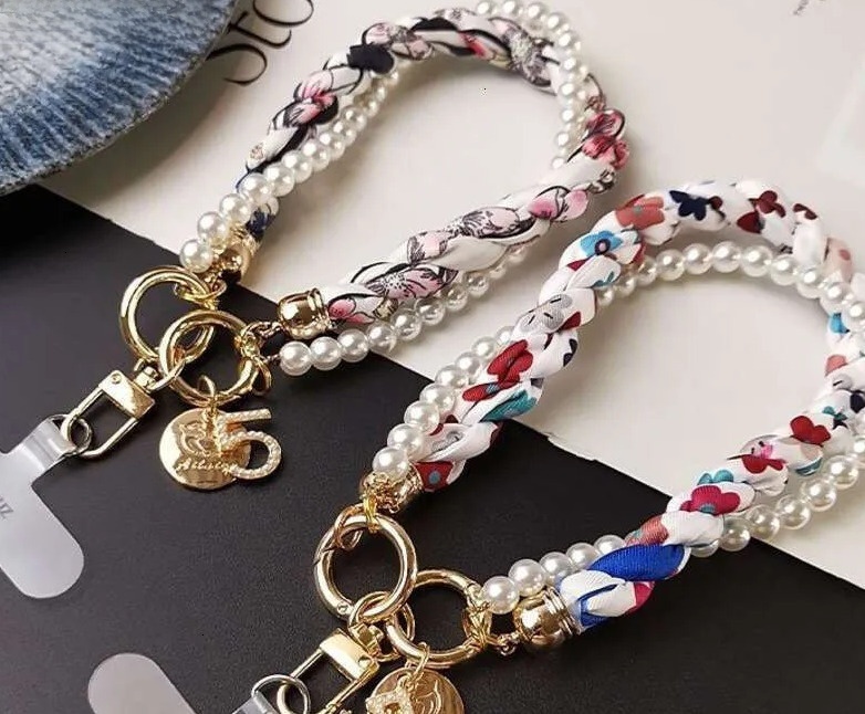 Phone charm bag charm Chic Braided Silk Scarf Phone Charm - Pearl Beaded Metal Pendant for Phones Bags & Daily Outfits - view 3
