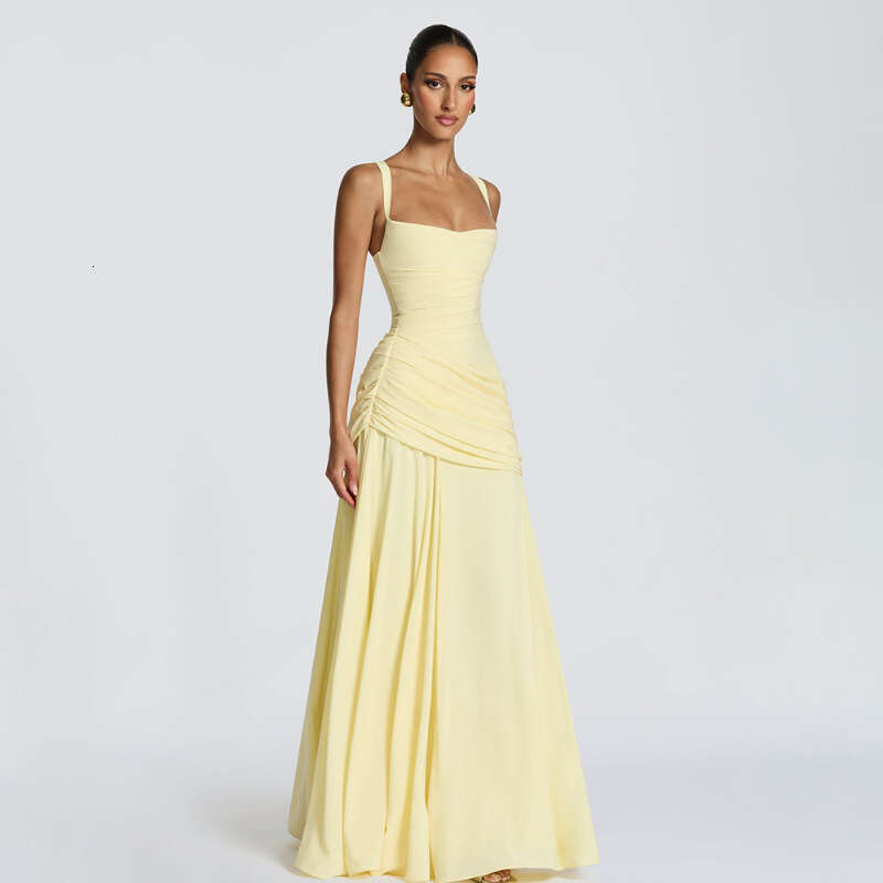 New European American Style Womens Dress Elegant Solid Color Low Cut Pleated Straps Waist Cinching Backless Design MAKOUFEI