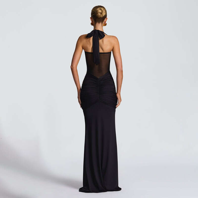 Halter Neck Lace Up Mesh Patchwork Ribbon Long Dress European American Style Fashion Women Outfit For Daily Party Dating MAKOUFEI