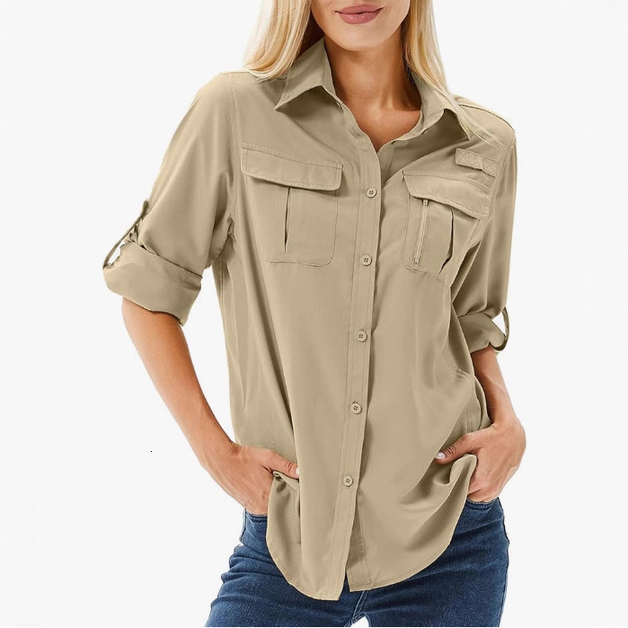 2025 QuickDry Stretch Shirt MultiPocket Breathable UV Protection Outdoor Thin Womens 260513