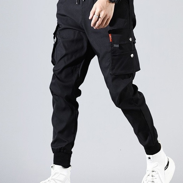 Joggers Cargo for Men Casual Hip Hop Hit Color Pocket Male Trousers Sweatpants Streetwear Ribbons Techwear Pants 201221