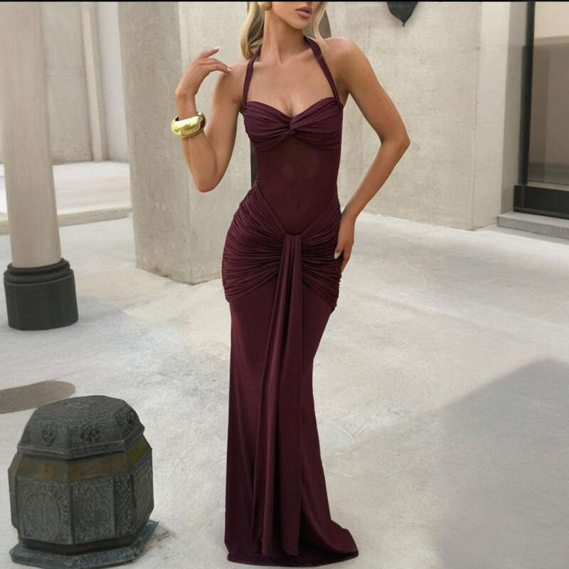 Halter Neck Lace Up Mesh Patchwork Ribbon Long Dress European American Style Fashion Women Outfit For Daily Party Dating MAKOUFEI