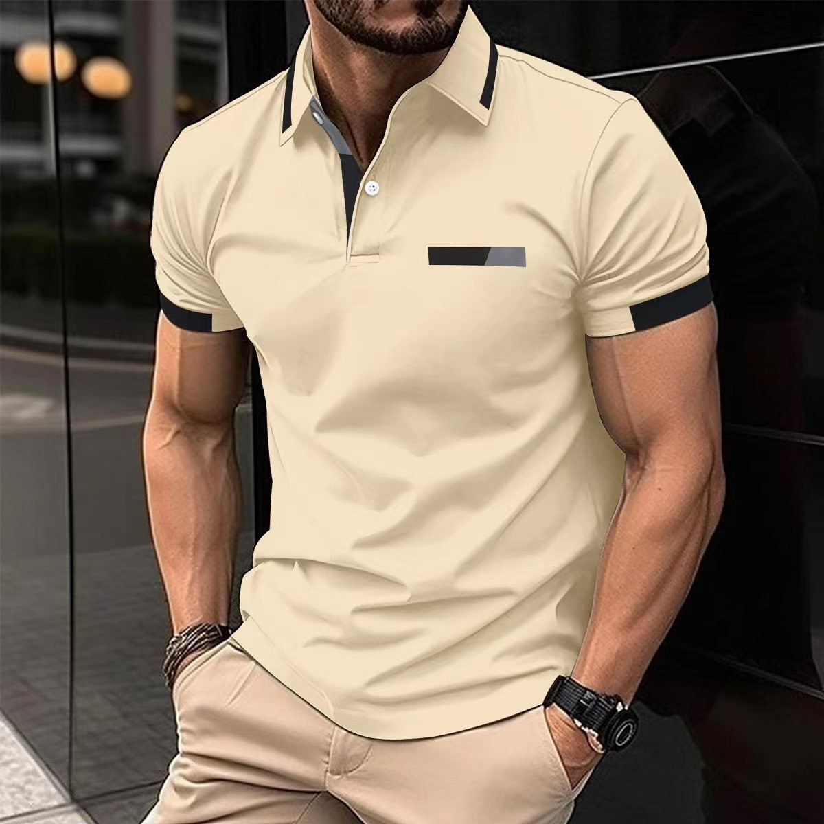 Men's Polos Polo Shirt Fashion Business Casual Crew Neck Short Sleeve Simple Solid Color Formal Stripes Patchwork Summer Black T Clothing