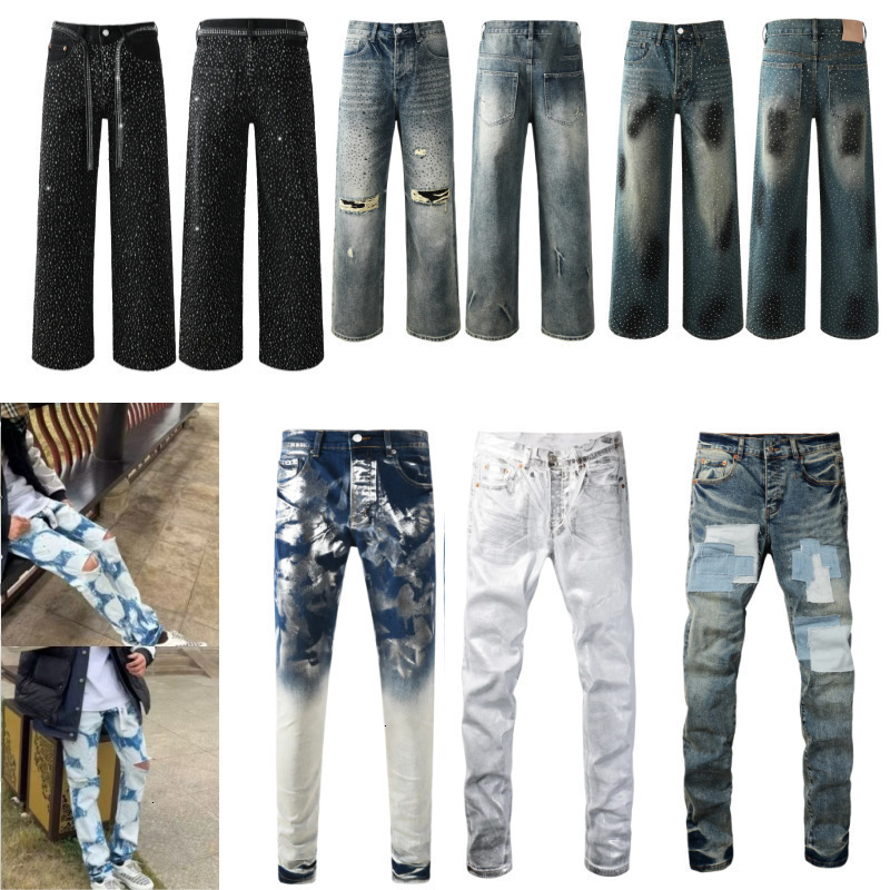 Mens Designer Purples Jeans Fashion Ripped Joggers Baggy Wide Leg Jean Denims For Man Black Hip Hop Distressed Flared Pants High Qua 668 02