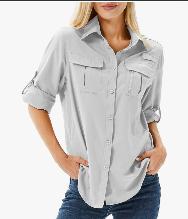 2025 QuickDry Stretch Shirt MultiPocket Breathable UV Protection Outdoor Thin Womens 260513