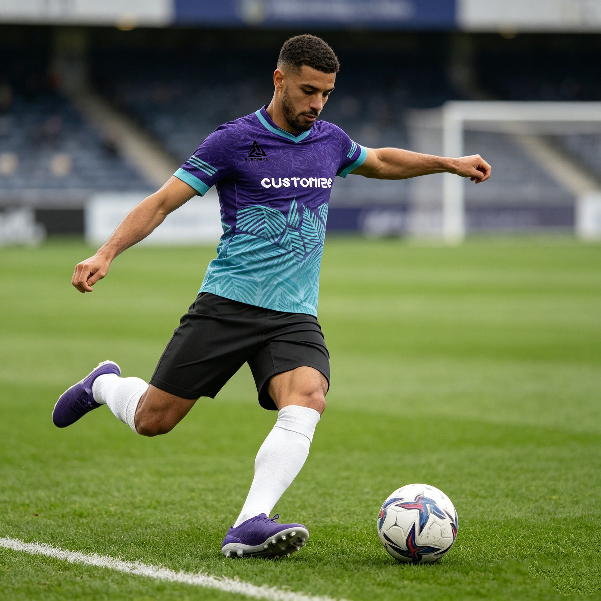 Custom Soccer Jersey Set Men Purple Turquoise Leaf Pattern Football Uniform with Shorts Personalized Name Number Quick Dry Kit - view 4