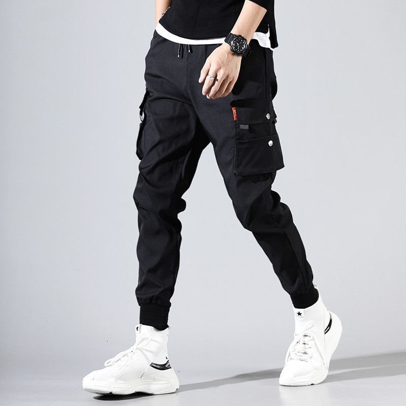 Joggers Cargo for Men Casual Hip Hop Hit Color Pocket Male Trousers Sweatpants Streetwear Ribbons Techwear Pants 201221