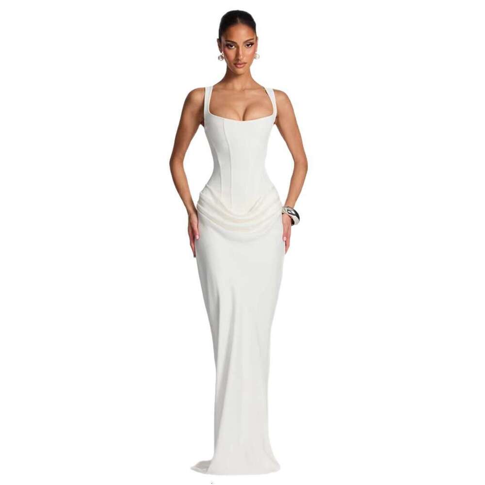Cross Border European American Style Spring New Solid Color Sexy Sleeveless Slim Ruched Square Neck Bodycon Dress MAKOUFEI