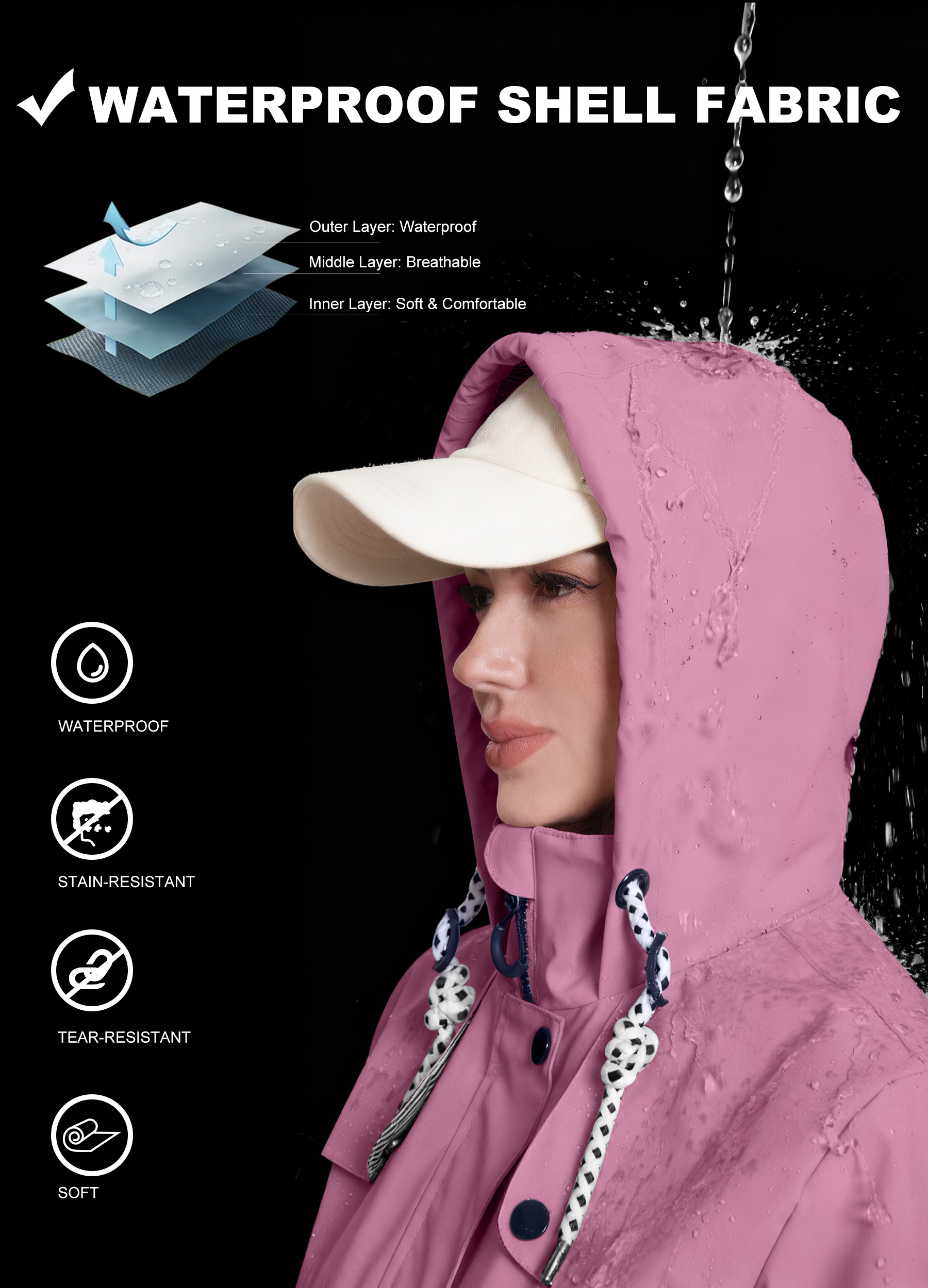 Waterproof Womens Softshell Jacket with Fleece Lining and Hood Ideal for Outdoor Activities