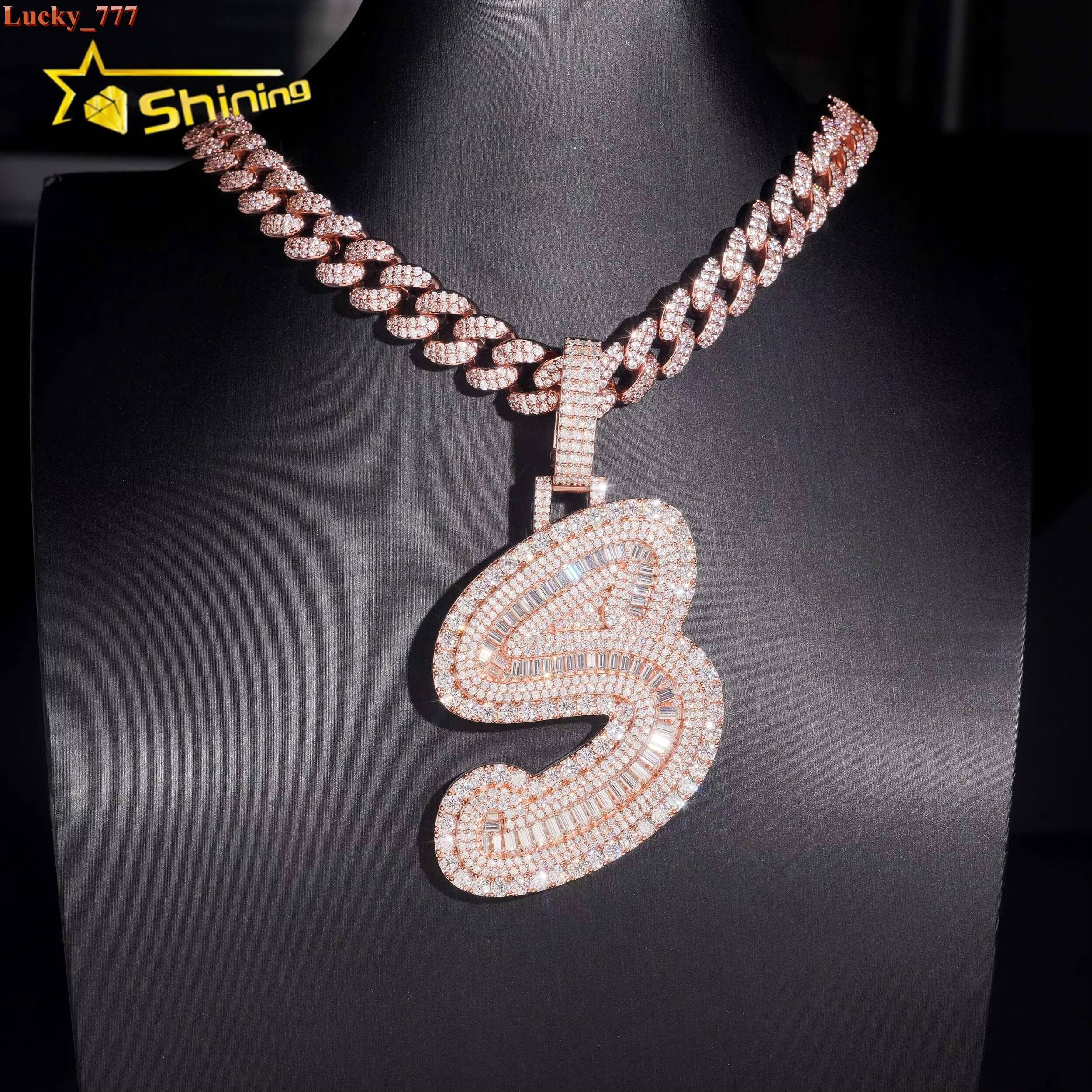 Hip Hop 925 Silver Letter S Rose Gold Pendant Moissanite Fine Jewelry Custom Iced Out Baguette Moissanite Pendant for Men