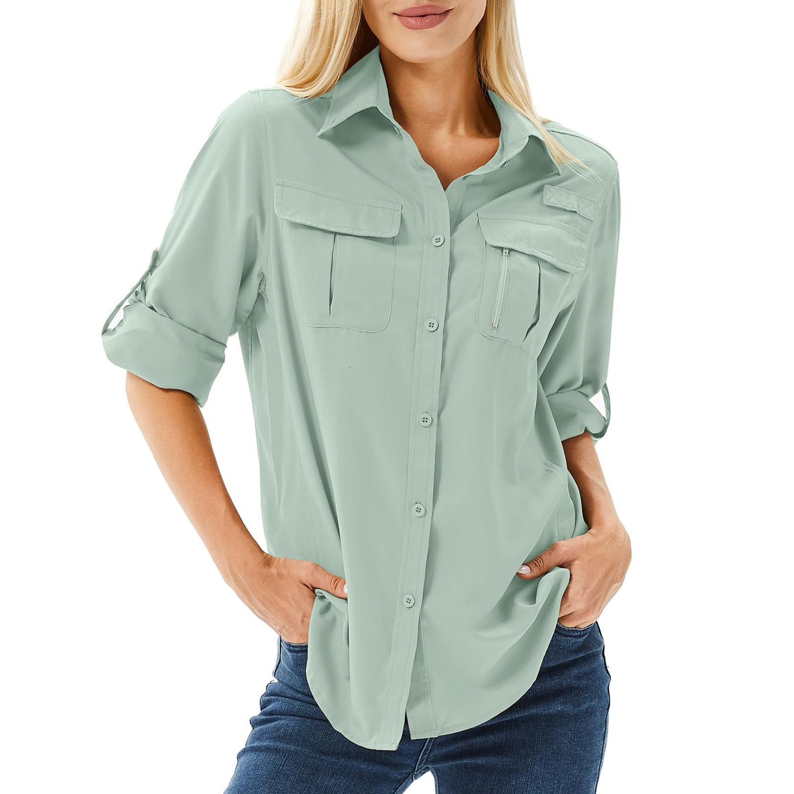 2025 QuickDry Stretch Shirt MultiPocket Breathable UV Protection Outdoor Thin Womens 260513