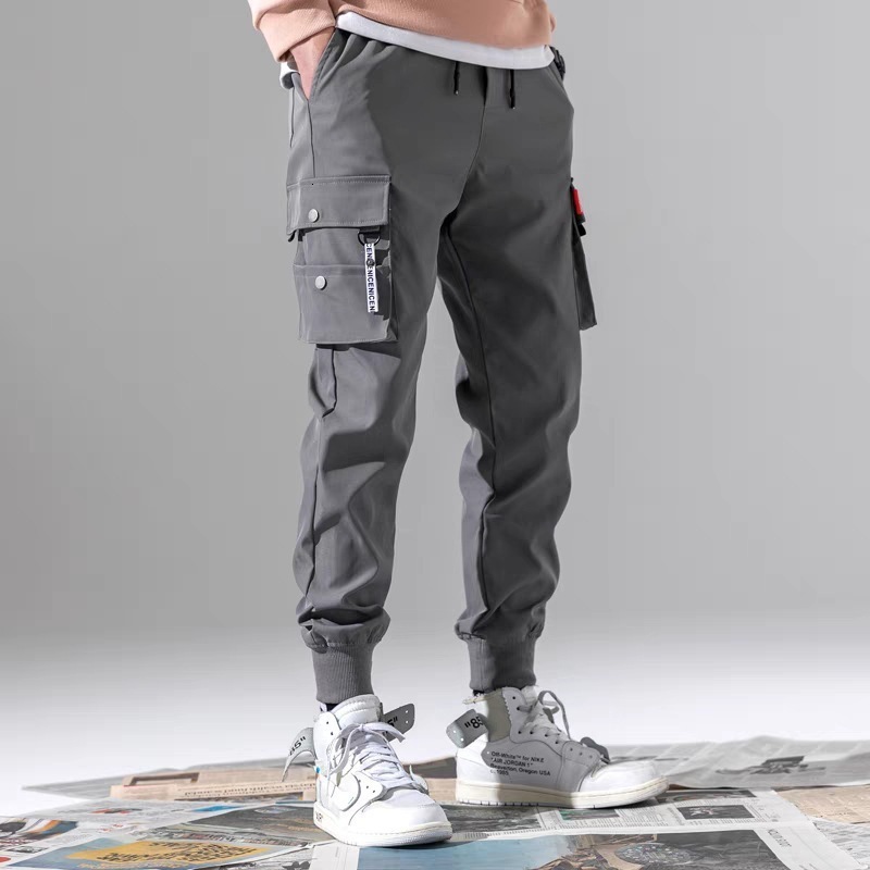 Joggers Cargo for Men Casual Hip Hop Hit Color Pocket Male Trousers Sweatpants Streetwear Ribbons Techwear Pants 201221