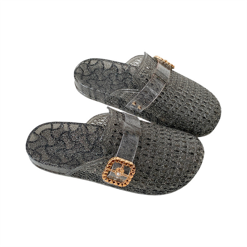 New Women's Summer Outerwear Lightweight and Fashionable Transparent Crystal Cool Slippers Thick Bottom Boken Baotou Half Dragged Flat Shoes