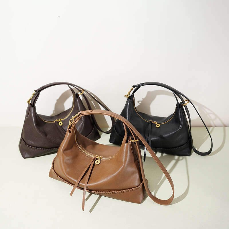 New Retro Hobo Bag Solid Color Genuine Leather Large Capacity Underarm Shoulder Handbag SENYY