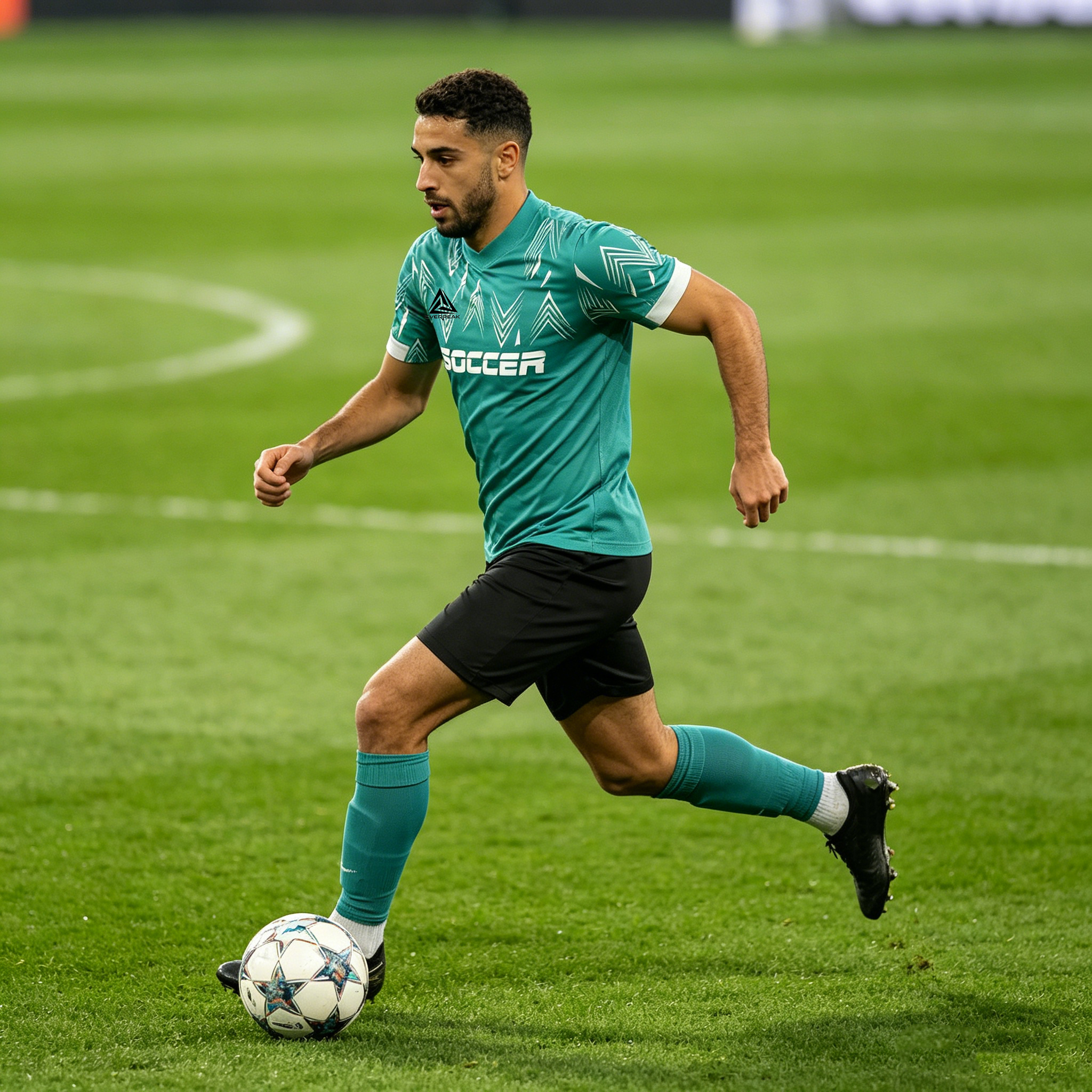 Custom Soccer Jersey Set Men Teal Geometric Arrow Football Uniform with Shorts Personalized Name Number Breathable Quick Dry Kit - view 4