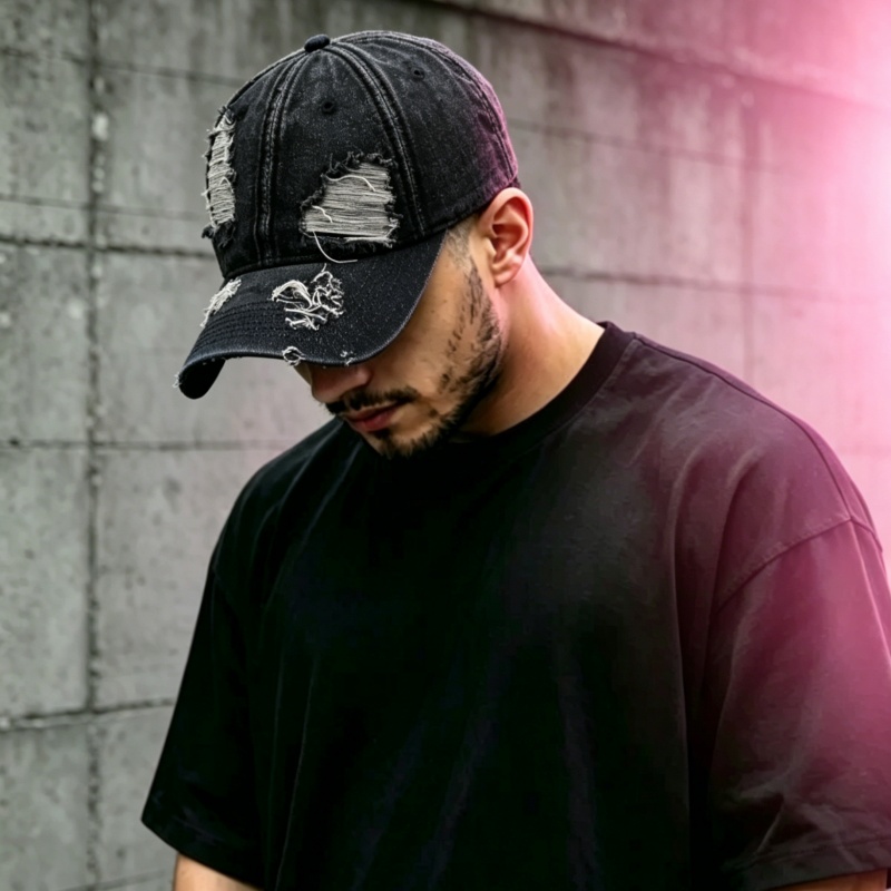 Retro Washed Denim Baseball Cap - Distressed Hole Black Y2K