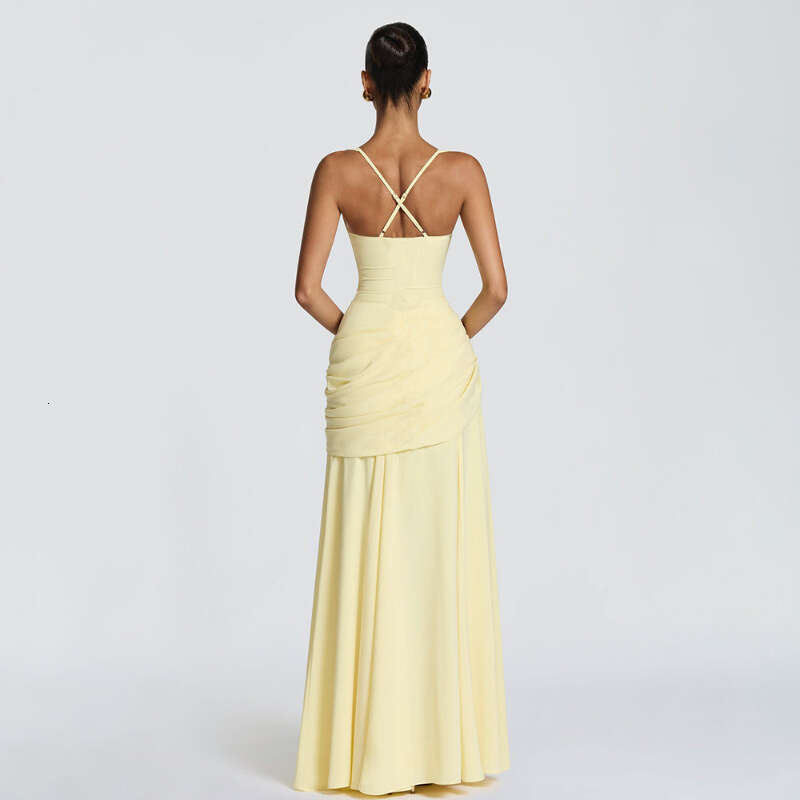 New European American Style Womens Dress Elegant Solid Color Low Cut Pleated Straps Waist Cinching Backless Design MAKOUFEI