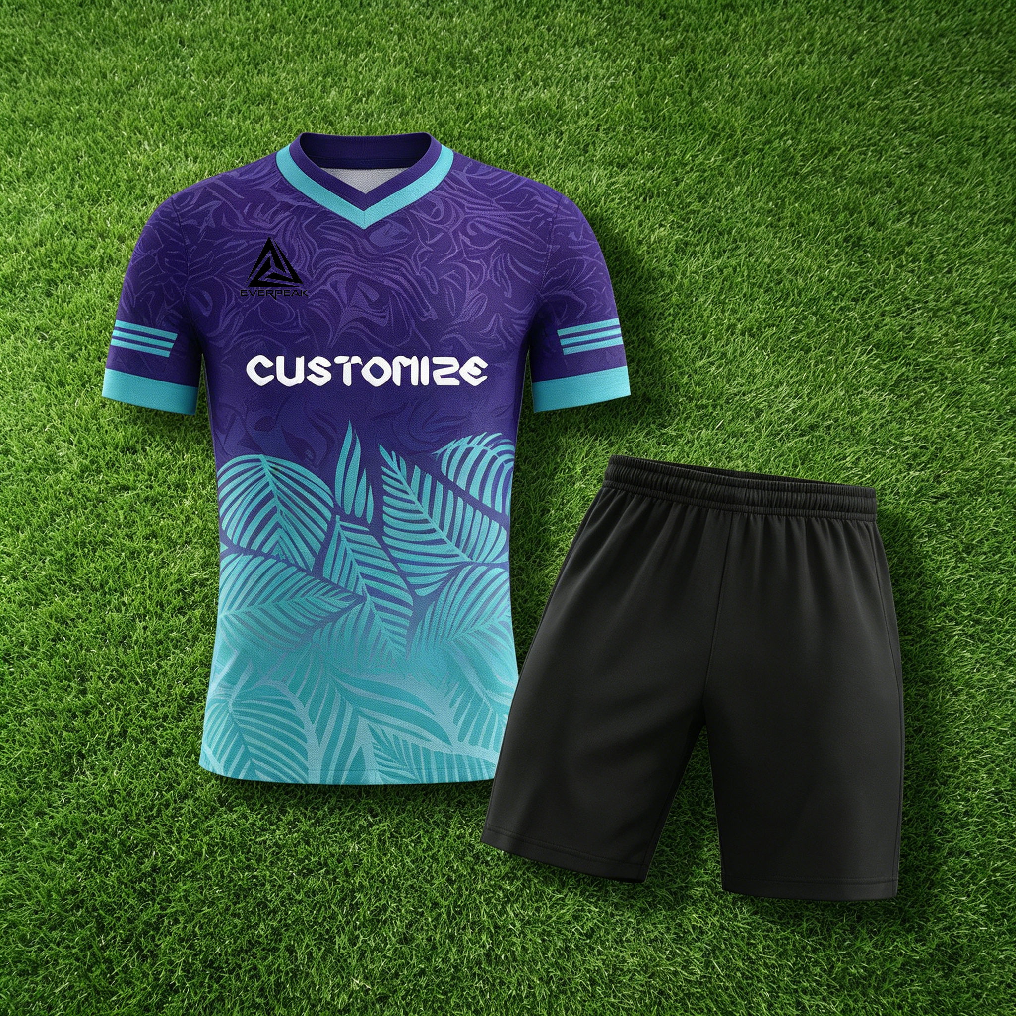 Custom Soccer Jersey Set Men Purple Turquoise Leaf Pattern Football Uniform with Shorts Personalized Name Number Quick Dry Kit - view 6