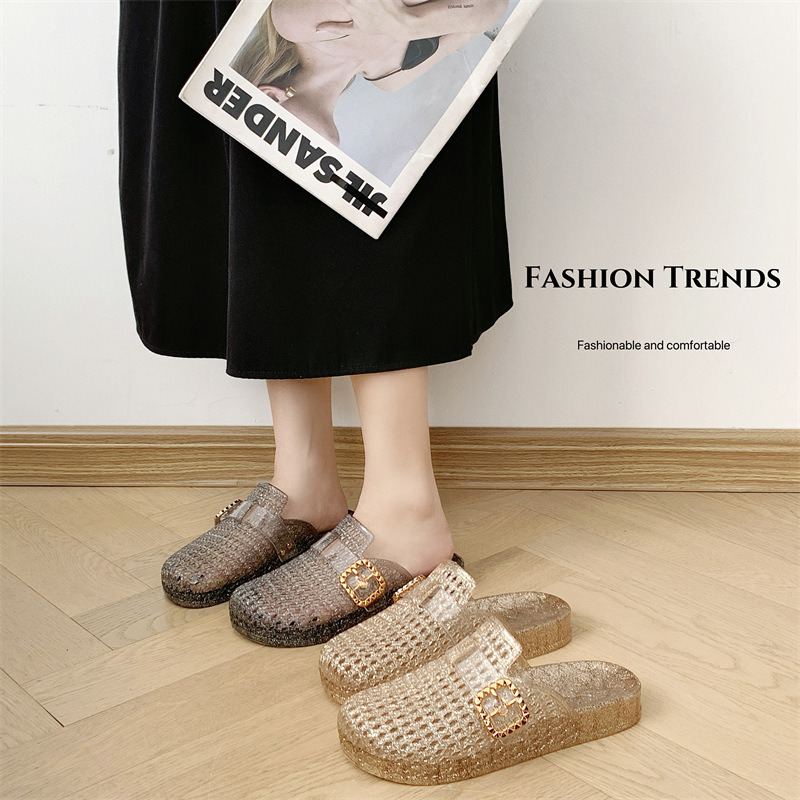 New Women's Summer Outerwear Lightweight and Fashionable Transparent Crystal Cool Slippers Thick Bottom Boken Baotou Half Dragged Flat Shoes