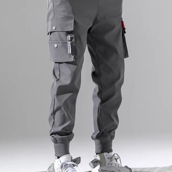 Joggers Cargo for Men Casual Hip Hop Hit Color Pocket Male Trousers Sweatpants Streetwear Ribbons Techwear Pants 201221