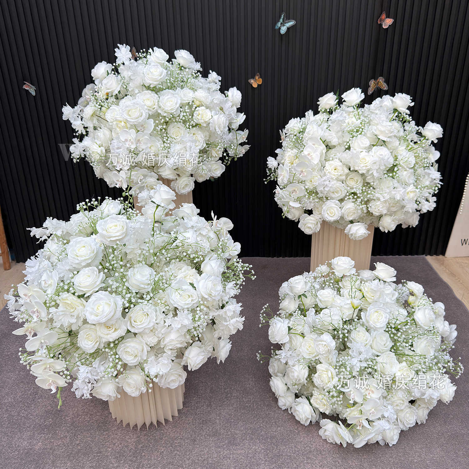 Simulation of white rose flower balls for wedding table arrangement, wedding proposal display window, exhibition hall decoration, road guide flowers C