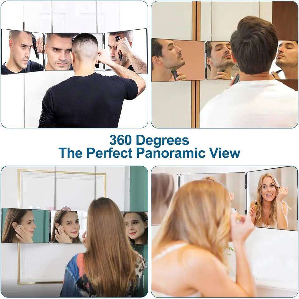 3 Way Compact Self Hair Cutting Portable Trifold Cosmetic Makeup Vanity Mirror for Men and Women Folding Black W260525