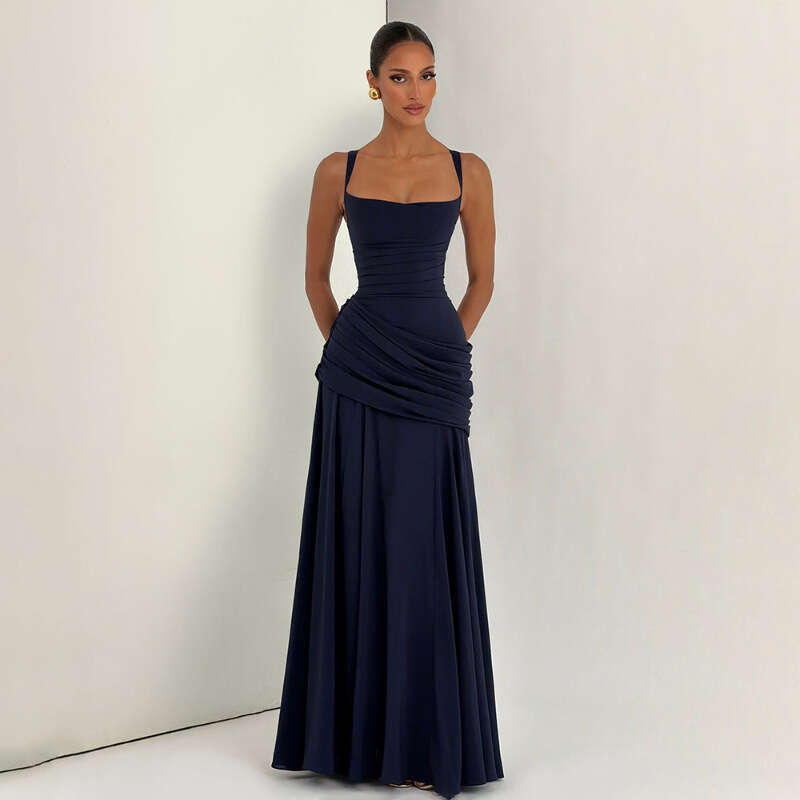 New European American Style Womens Dress Elegant Solid Color Low Cut Pleated Straps Waist Cinching Backless Design MAKOUFEI