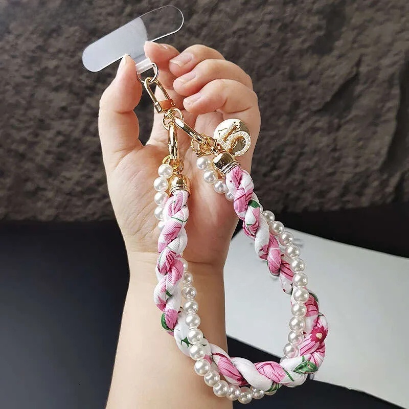Phone charm bag charm Chic Braided Silk Scarf Phone Charm - Pearl Beaded Metal Pendant for Phones Bags & Daily Outfits