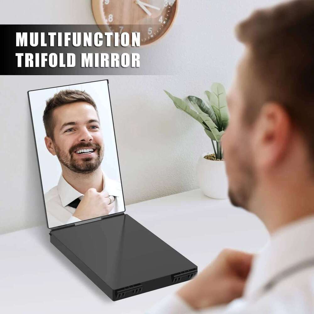 3 Way Compact Self Hair Cutting Portable Trifold Cosmetic Makeup Vanity Mirror for Men and Women Folding Black W260525