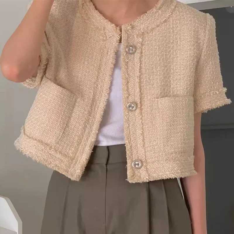 New Summer Collection Online Runway Women Coats Round Neck Patchwork Fringed Rough Edge Loose Short Sleeved Tweed Jacket M260525