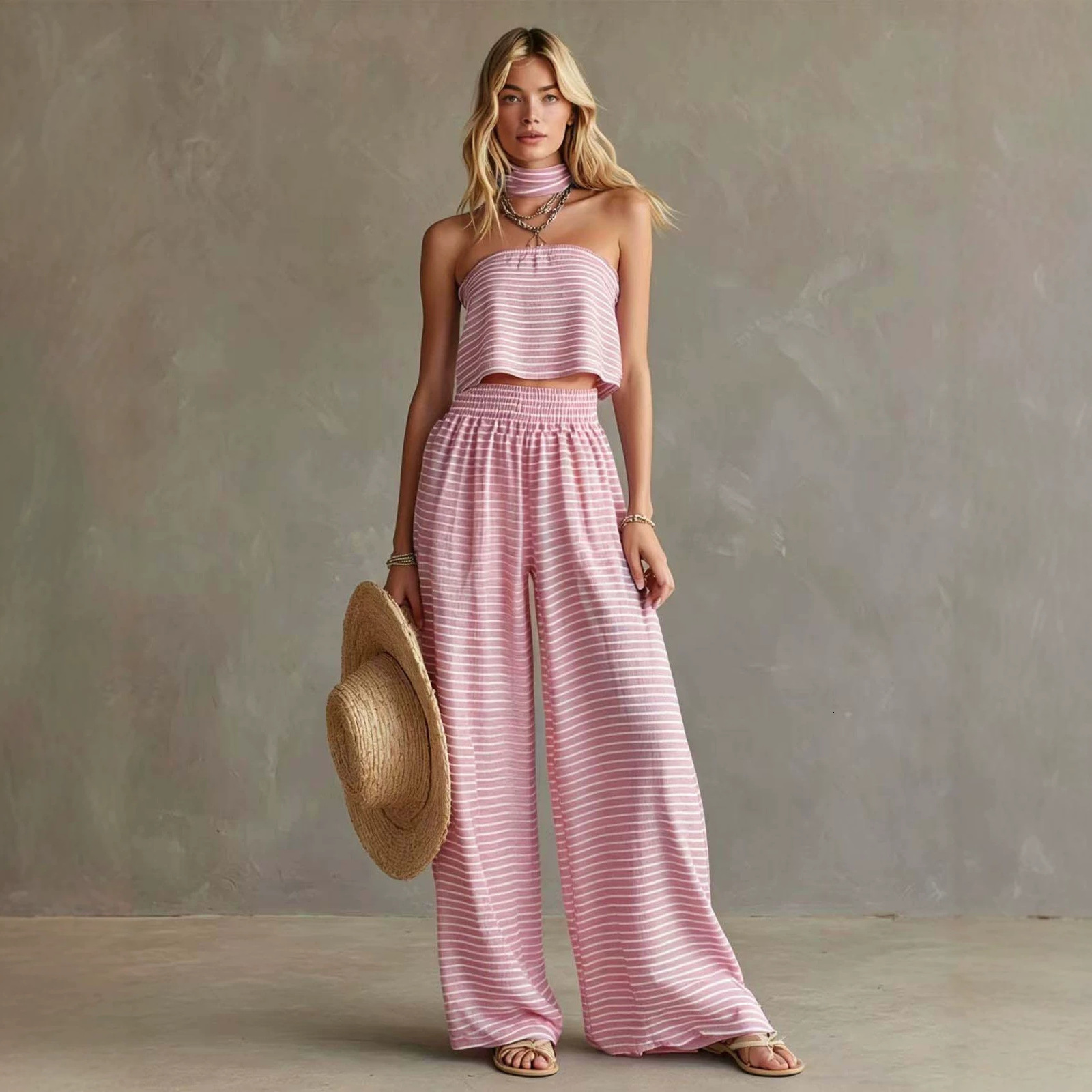 2026 Summer New Fashion Striped Off-Shoulder Tight Top and Pants Set Womens Clothing 240727