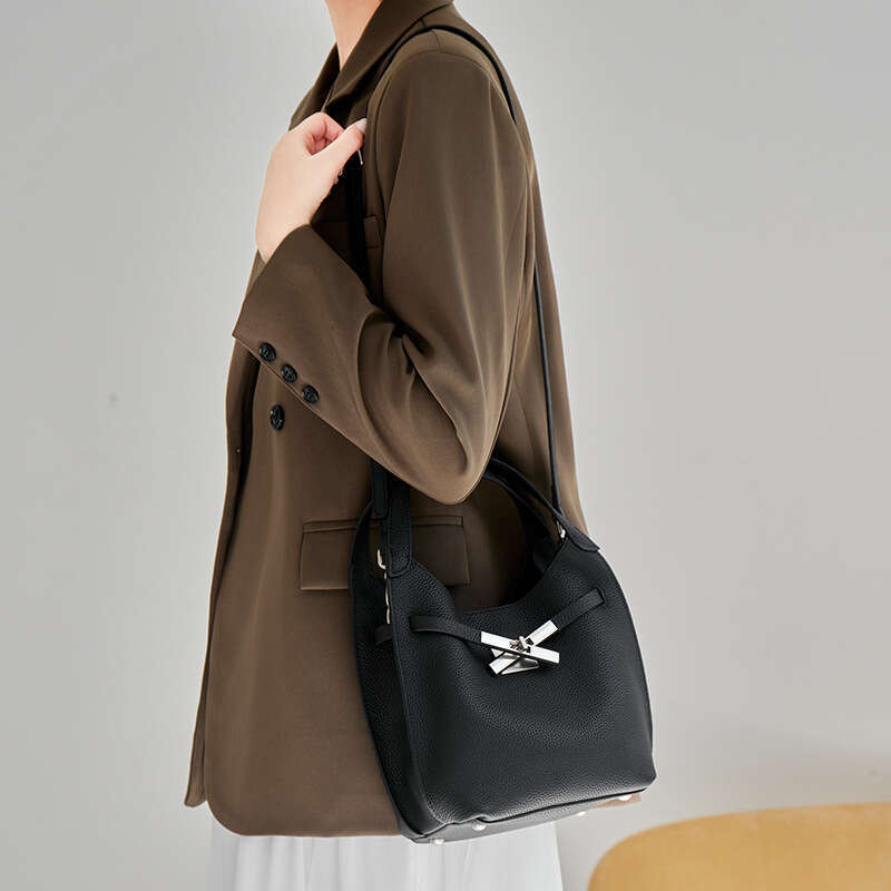 Genuine Leather TC Pattern Basket Bucket Bag Multi-way Wear Shoulder Crossbody Underarm Commute Bag Women SENYY