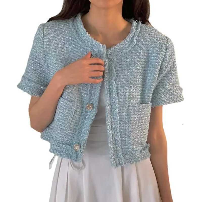 New Summer Collection Online Runway Women Coats Round Neck Patchwork Fringed Rough Edge Loose Short Sleeved Tweed Jacket M260525