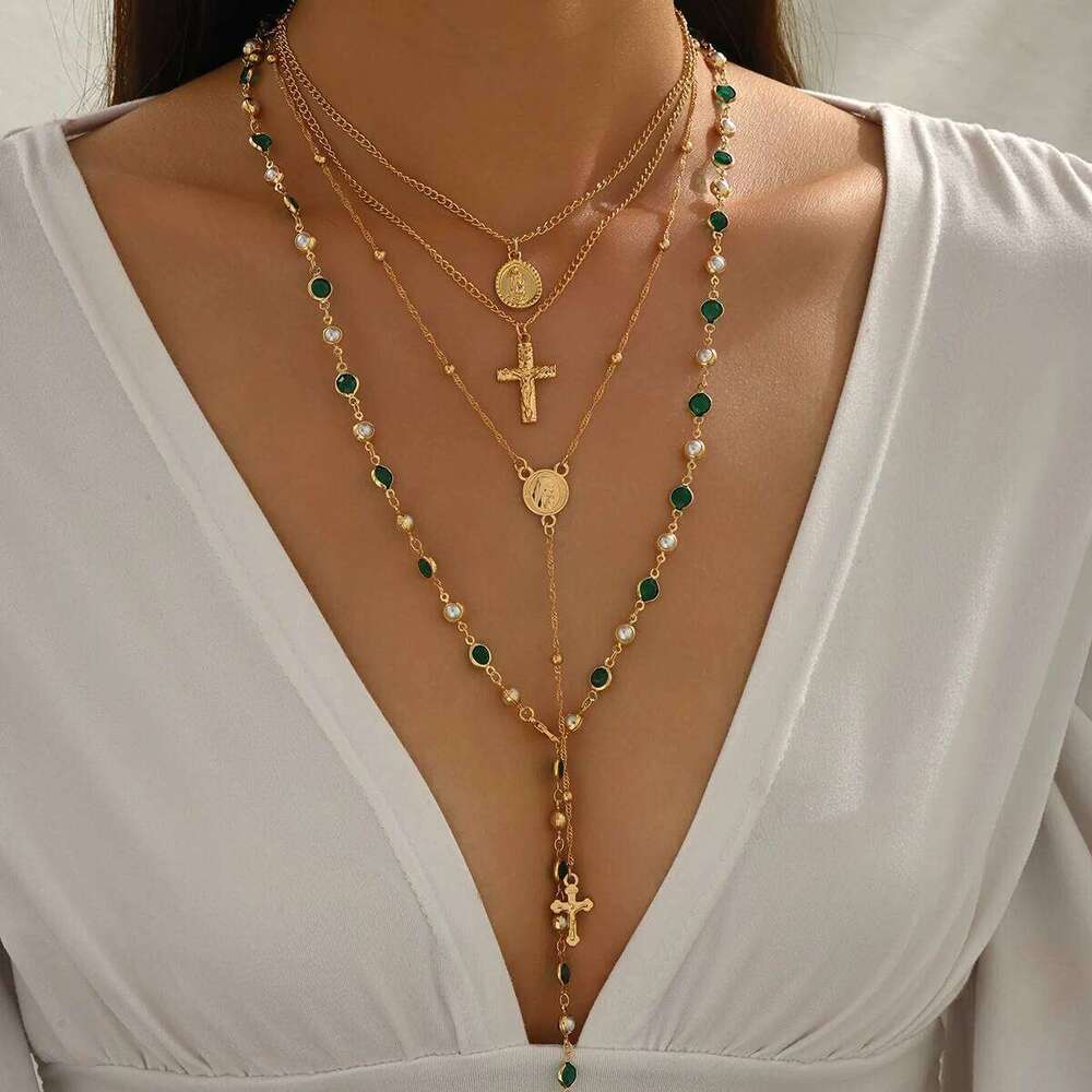 Layered Rosary Cross Necklace Vintage Gold Silver Mary Pendant Pearl Beaded Y Lariat Jewelry Gift for Women W260526 - view 5