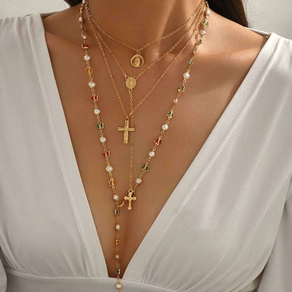 Layered Rosary Cross Necklace Vintage Gold Silver Mary Pendant Pearl Beaded Y Lariat Jewelry Gift for Women W260526