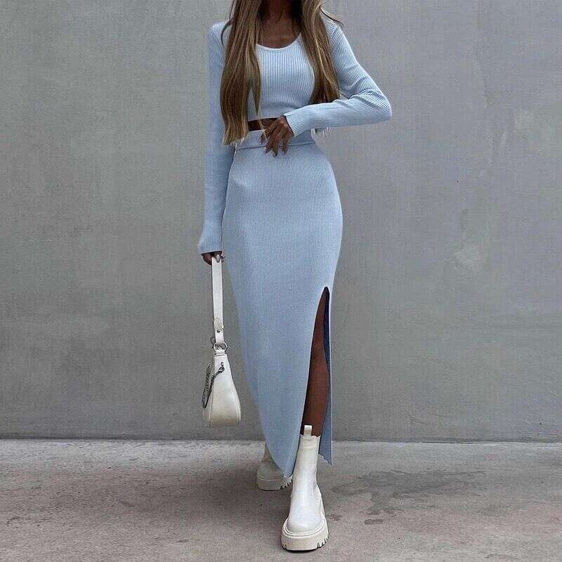 Solid Color Knitted Two Piece Set Long Sleeve T Shirt Half Slit Bodycon Skirt European American Style Women Outfit MAKOUFEI