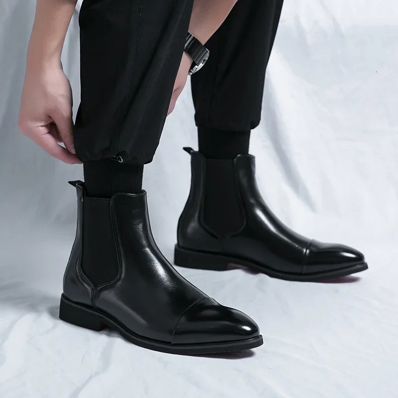 Mens Boots Business Ankle Boots Red Sole Pointed Toe Dress Boots British High Top Leather Shoes Slip-On Casual Men Chelsea Boot 260522 - view 3