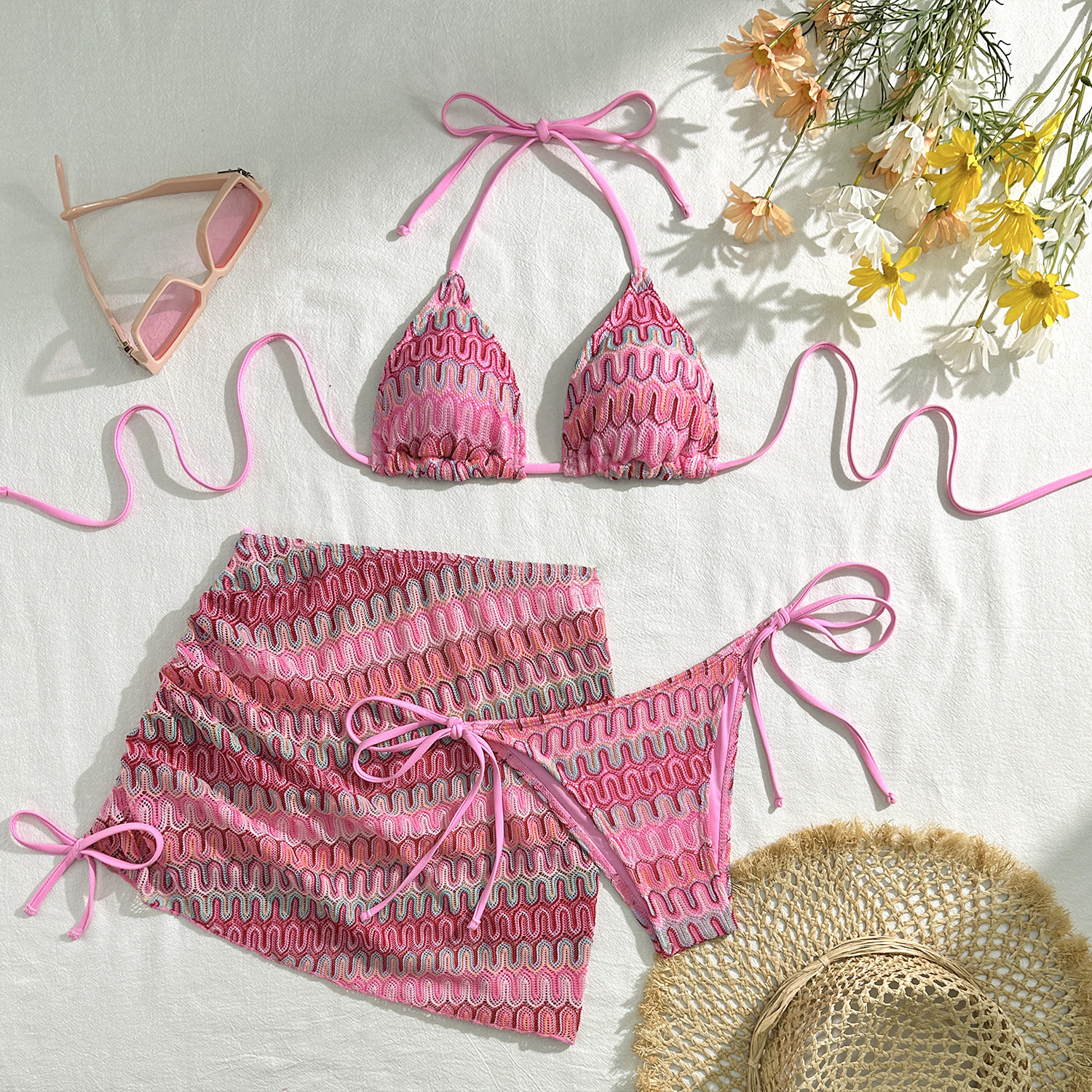 2025 Embroidered Gradient Sexy ThreePiece Swimsuit Bikini 250114