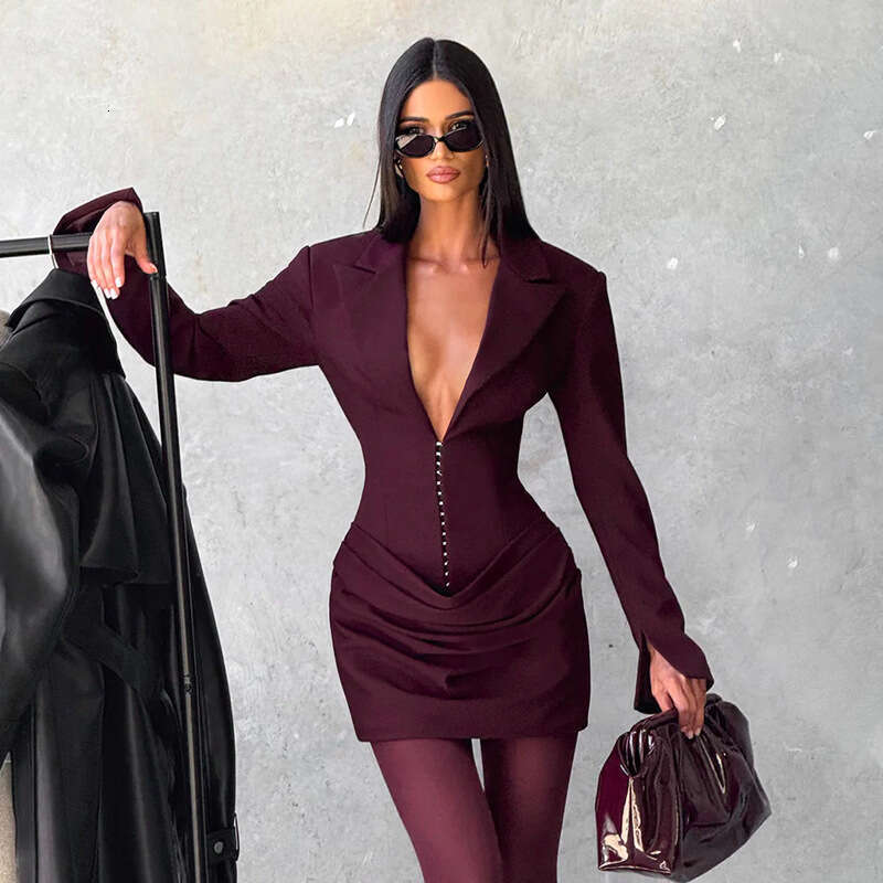 Deep V Neck Waist Cinching Blazer Dress Solid Color Slim Elegant Autumn Winter New European American Style Women Dress MAKOUFEI