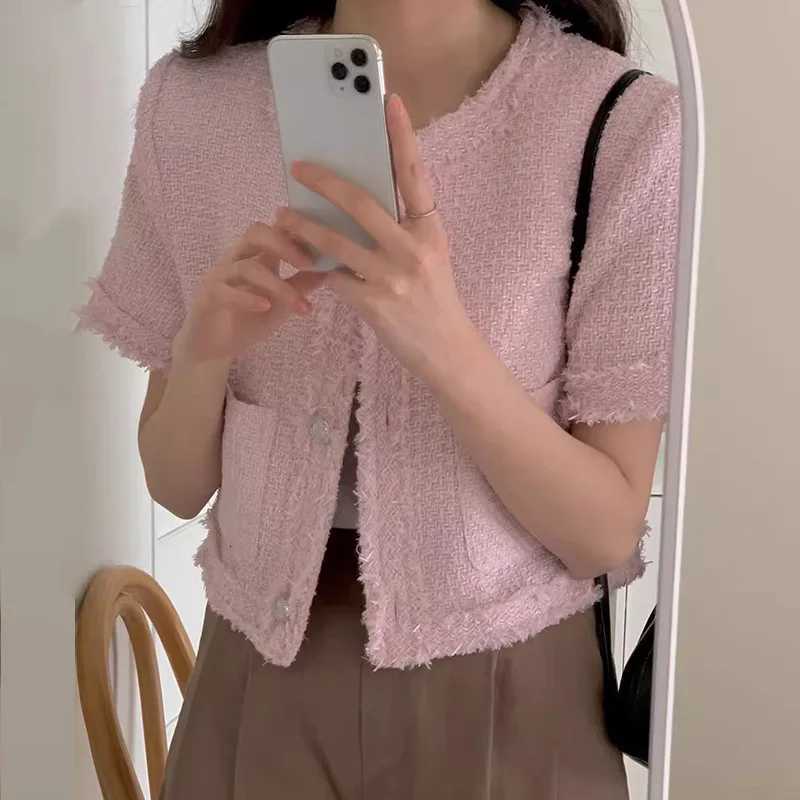 New Summer Collection Online Runway Women Coats Round Neck Patchwork Fringed Rough Edge Loose Short Sleeved Tweed Jacket M260525