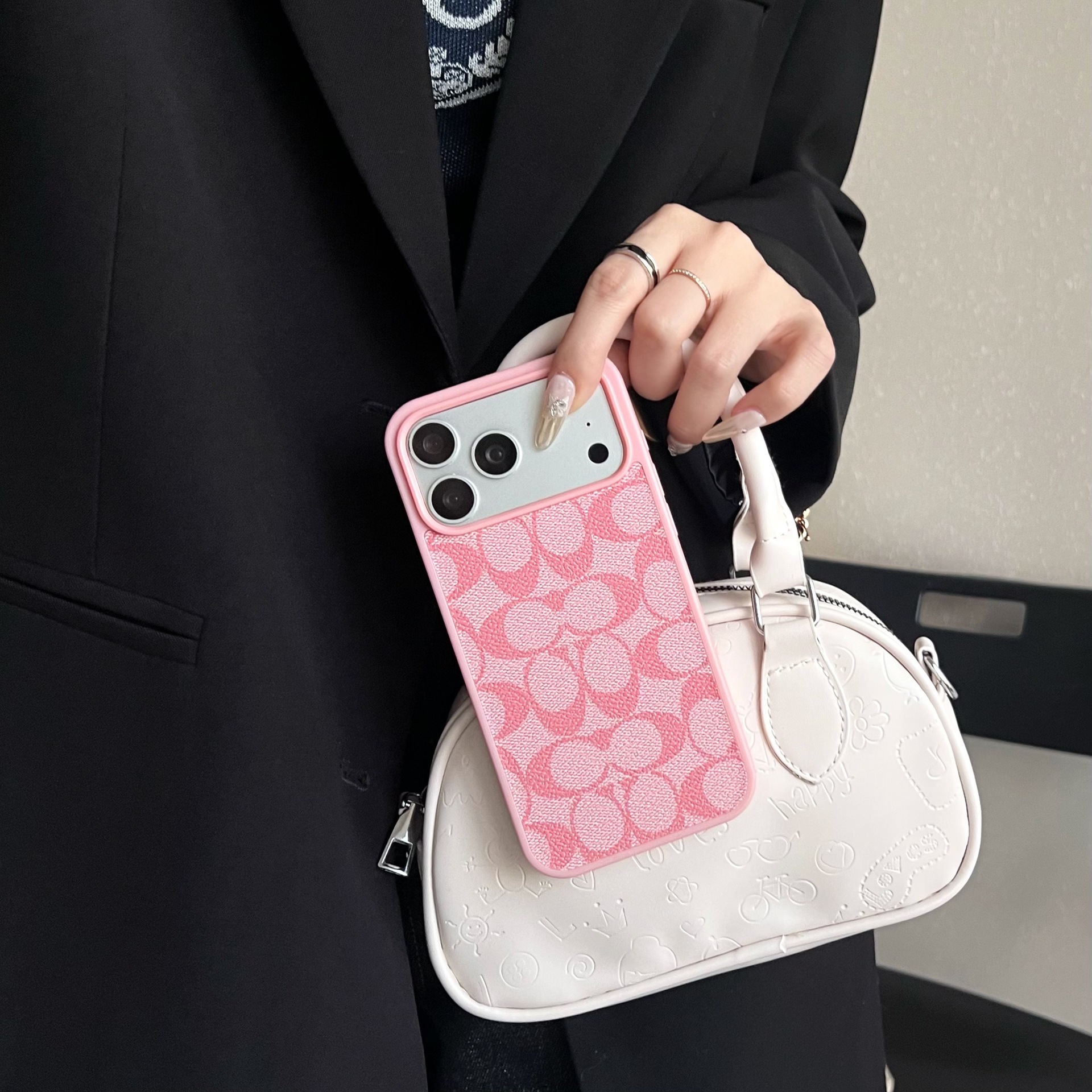New high-end niche C-pattern leather phone case suitable Apple 17 Pro Max, full protection and anti-drop for 15 Pro, cross-border