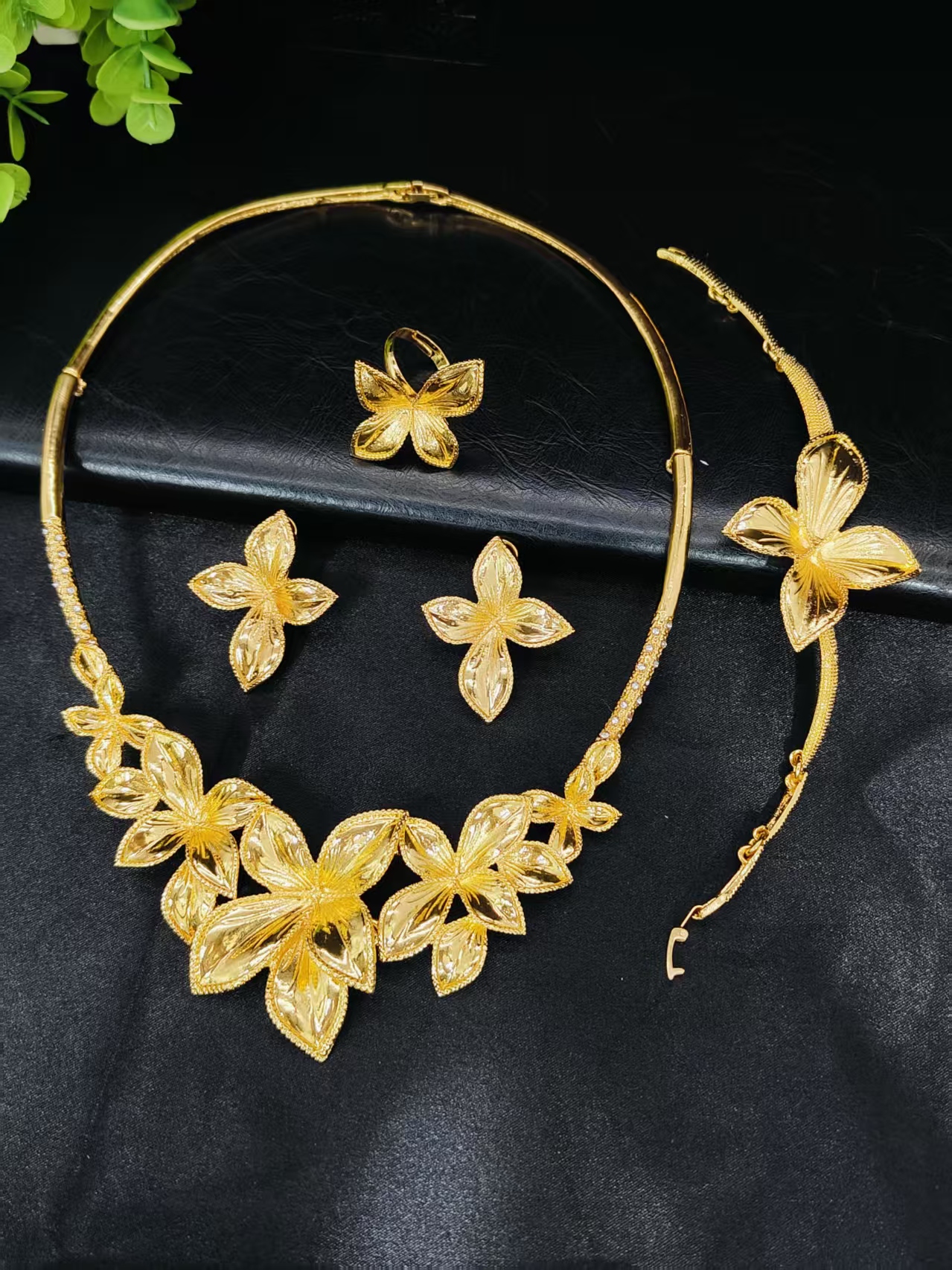 Ethiopian 24K Gold Plated Jewelry Set for Women Large Pendant Necklace Earrings Bracelet Ring African Bridal Wedding Party Gift