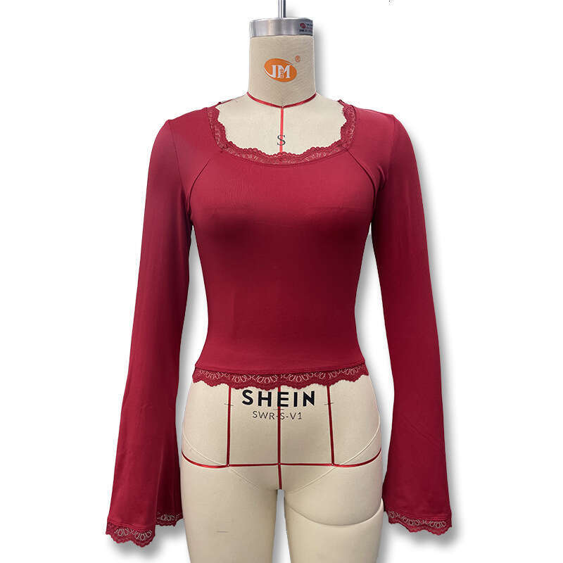 Autumn Long Sleeve T Shirt Lace Trim Top European American Style Slim Fit Versatile Fashion Blouse for Women MAKOUFEI
