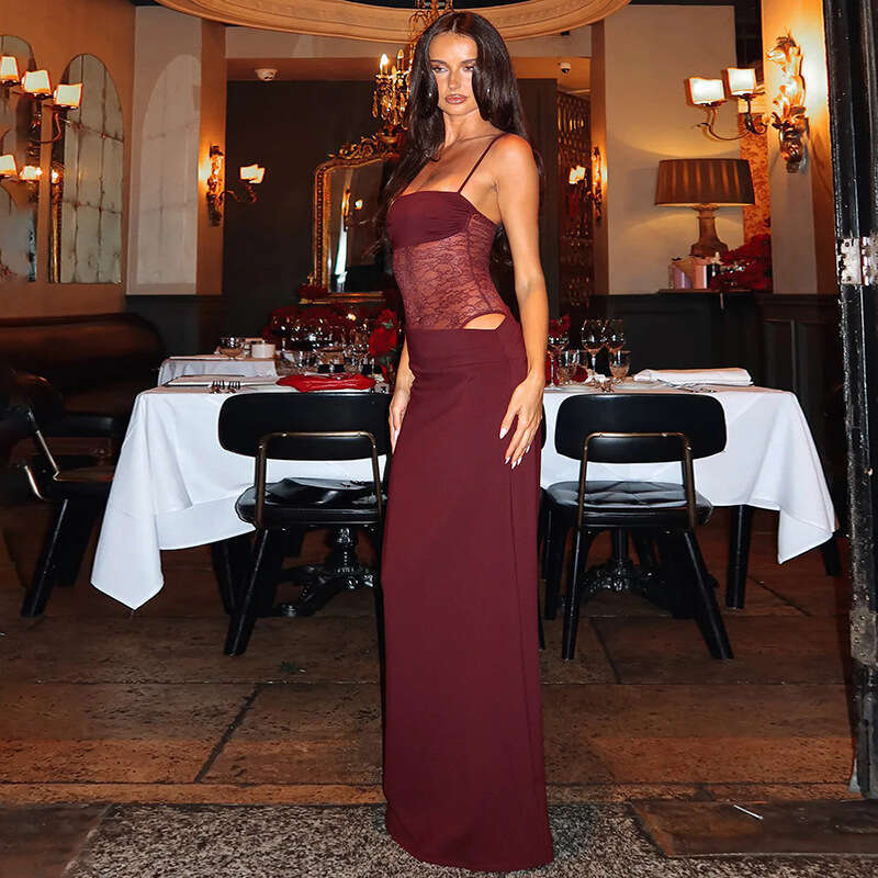 Lace Off Shoulder Sheer Dress Hollow Out Patchwork Split Long Dress European American Style Slim Sexy Women Dress MAKOUFEI
