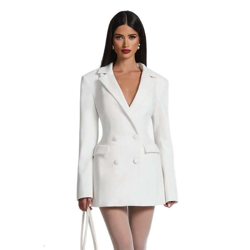 Autumn Solid Color Suit Dress Deep V Long Sleeve European American Style Slim Sexy Casual Dresses for Women Daily Party MAKOUFEI