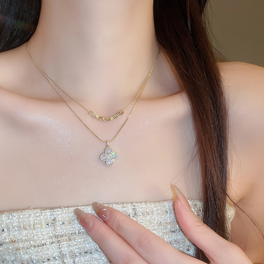 Double-layered silver zircon four-leaf clover pendant necklace for women, high-end, light luxury, niche collarbone chain, versatile accessory - view 4