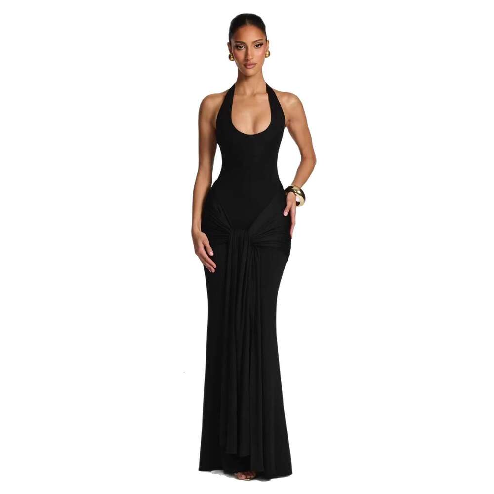 Halter Neck Bodycon Dress Ribbon Splicing Strap Long Dress Slim Fit European American Style Women Party Gown New Arrival MAKOUFEI