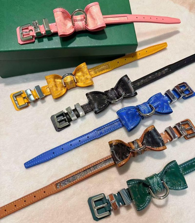 Designer Dog Collar with Bow Luxury Pet Collar Premium Leather and Patterned Fabric Puppy Kitten Neckwear Adjustable Designer Style Dog Cat Collar