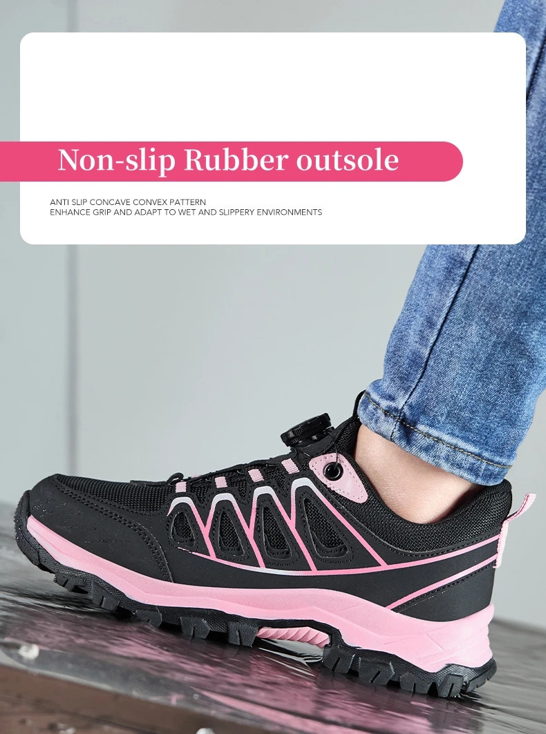 Work Safety Shoes Women Steel Toe Work Sneakers Rotating button Breathable Non-slip Puncture-Proof Protection Pink Safety Boots 260601